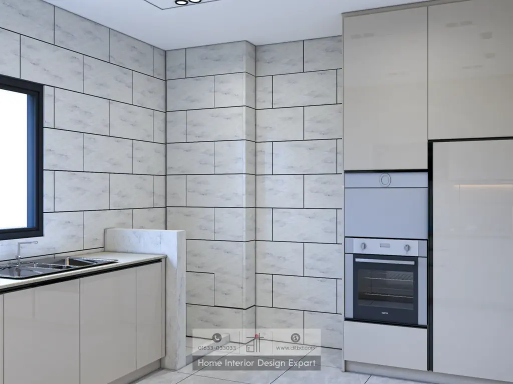 L-shaped kitchen counter with stainless steel sink and marble walls in Keraniganj by DIT Studio