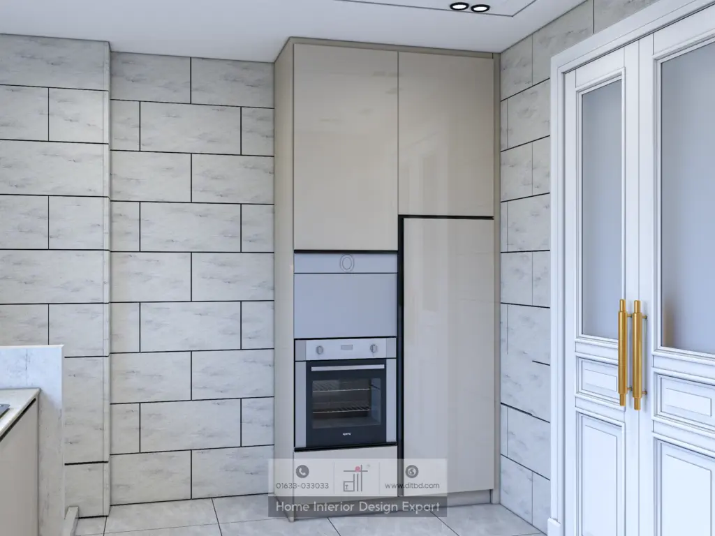 Built-in oven tower with marble tile backsplash in modern Keraniganj kitchen by DIT Studio