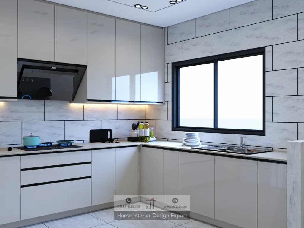 Close-up of cooking and washing zone with window in Keraniganj kitchen by DIT Studio