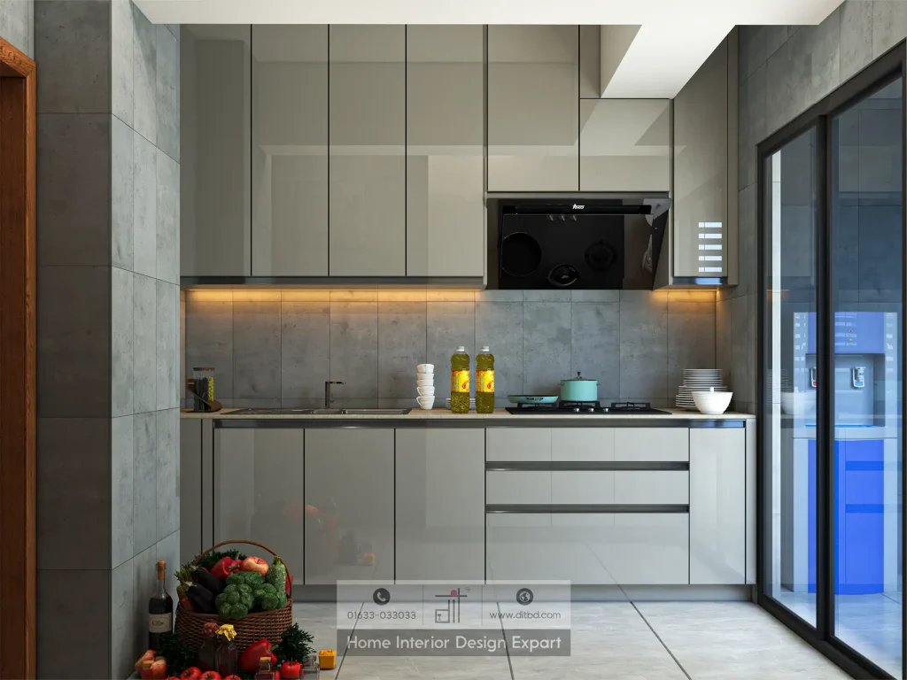 Main cooking wall with grey glossy cabinets and range hood in Tolarbag Mirpur-1 kitchen by DIT Studio