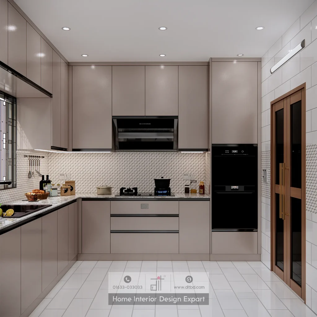 Full cooking wall with built-in appliances and wooden entry door in Banshundhara R/A kitchen designed by DIT Studio