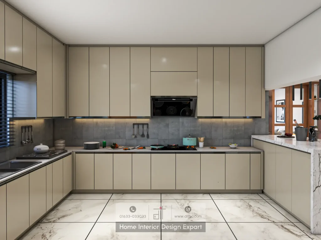 Full panoramic view of U-shaped beige kitchen with grey backsplash, range hood, marble island, and walnut divider in Uttara by DIT Studio