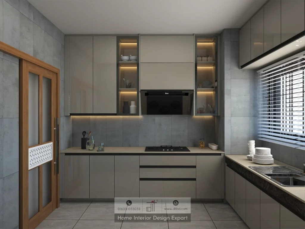 Cooking wall with black range hood, beige cabinets, LED-lit open shelves, and gas cooktop in modern Moghbazar kitchen by DIT Studio