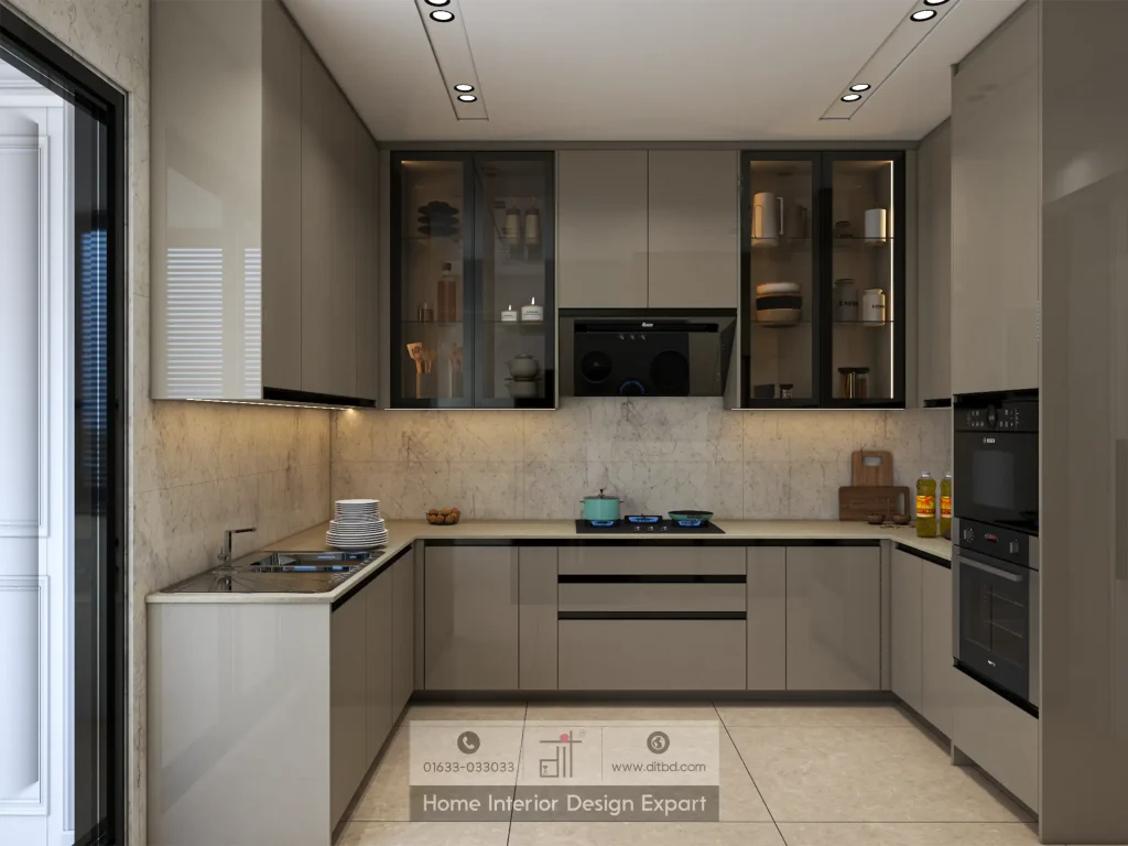 Full U-shaped modern kitchen with glass-front cabinets and integrated appliances in Dhanmondi-5 by DIT Studio