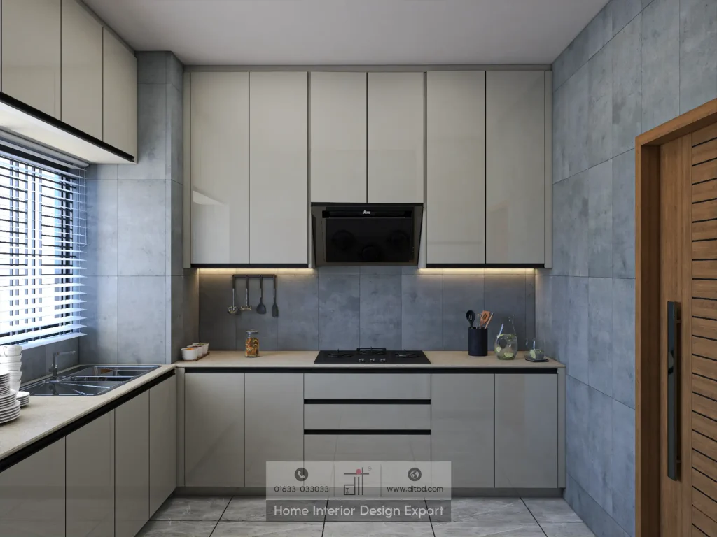 Kitchen cooking zone with LED-lit open shelving and black range hood by DIT Studio in Moghbazar Dhaka