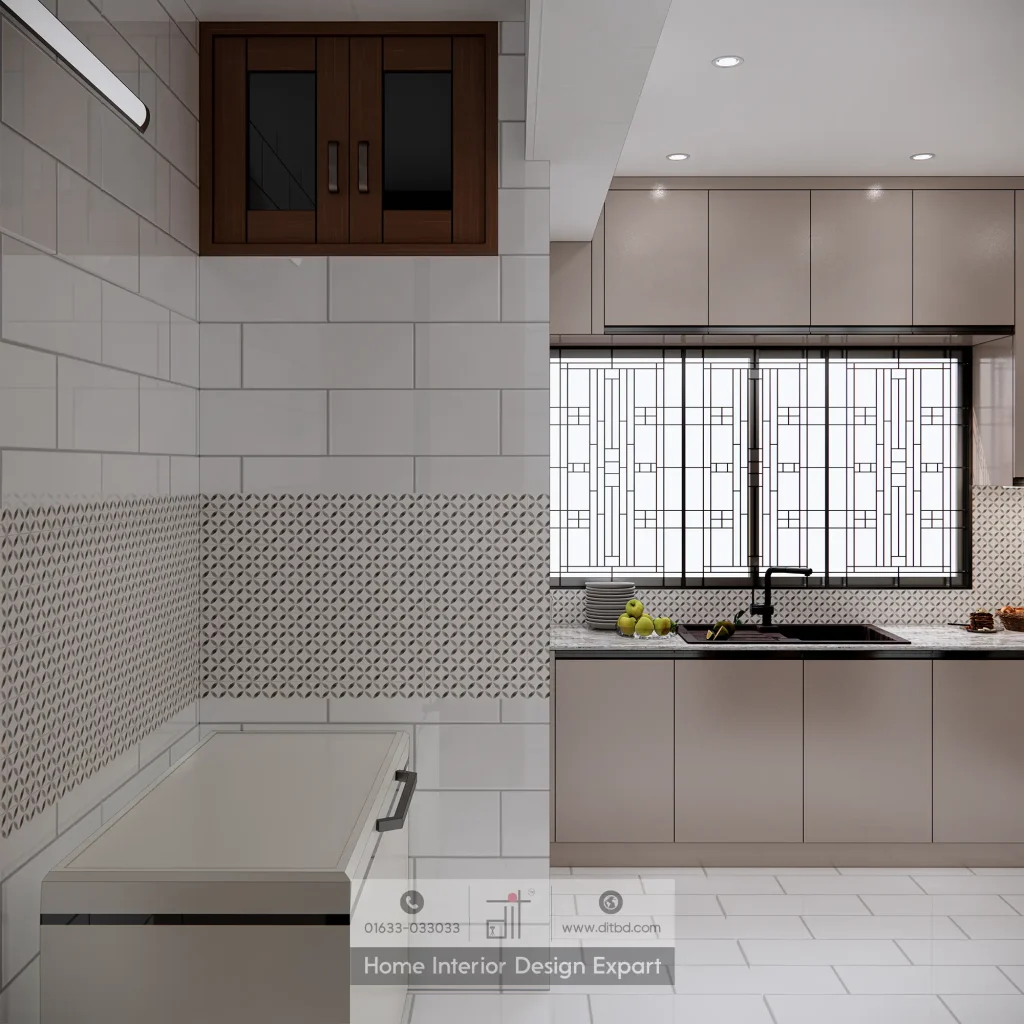 Kitchen sink wall with natural light window and tiled partition in Banshundhara R/A apartment designed by DIT Studio