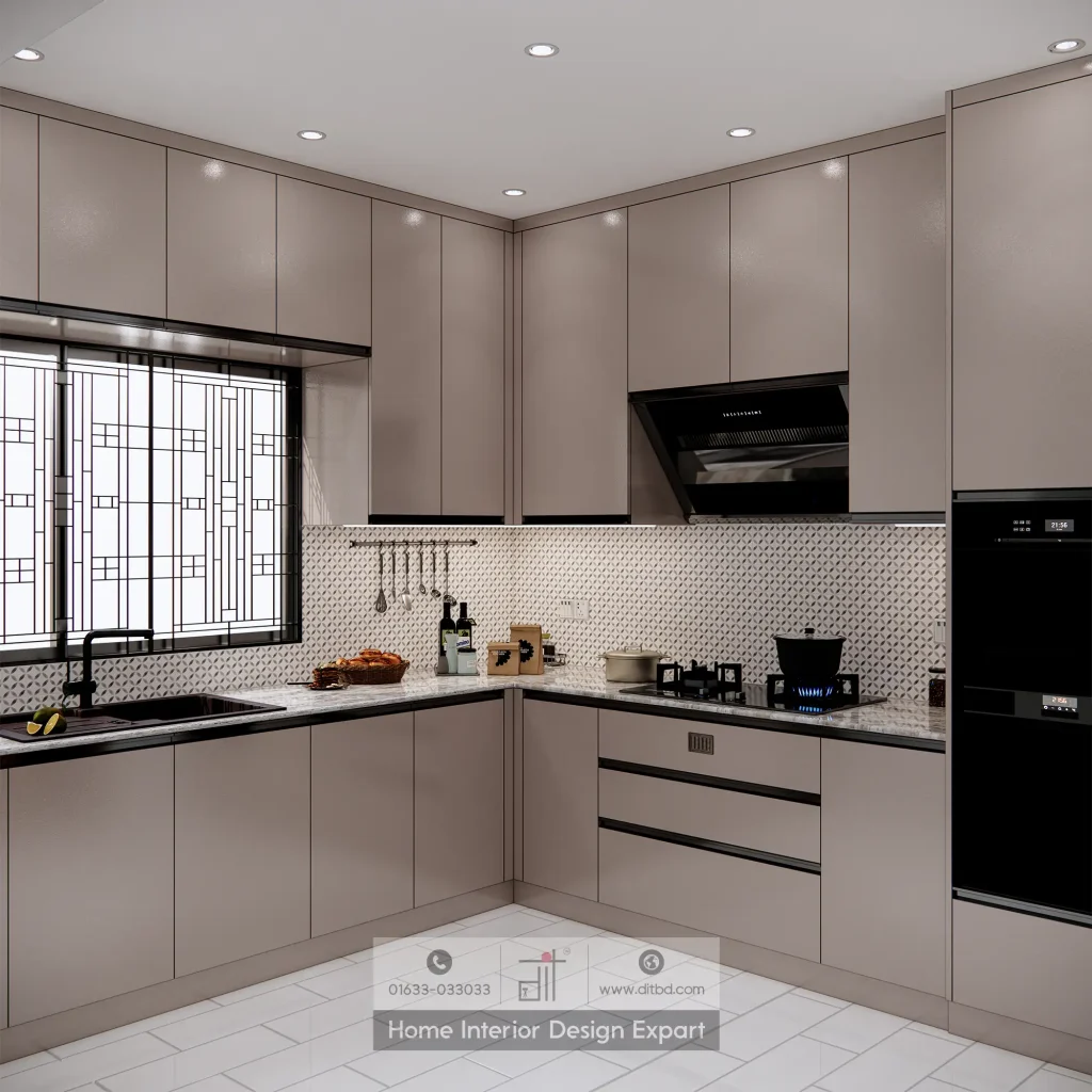 L-shaped modern kitchen with beige cabinets, black range hood, and geometric backsplash in Banshundhara R/A by DIT Studio