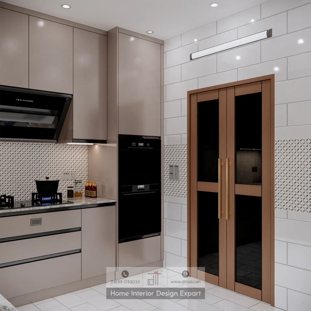 Built-in black oven and microwave with beige-taupe cabinets and wooden glass door in Banshundhara R/A kitchen by DIT Studio