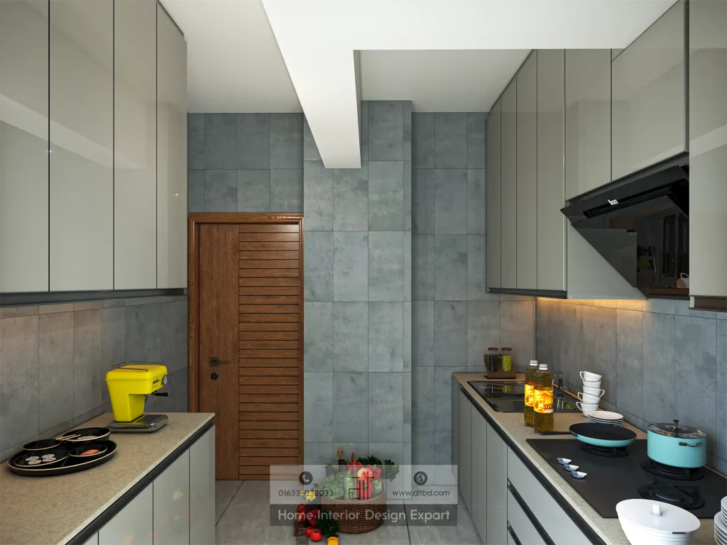 Galley kitchen layout with parallel counters and wooden door in Tolarbag Mirpur-1 by DIT Studio