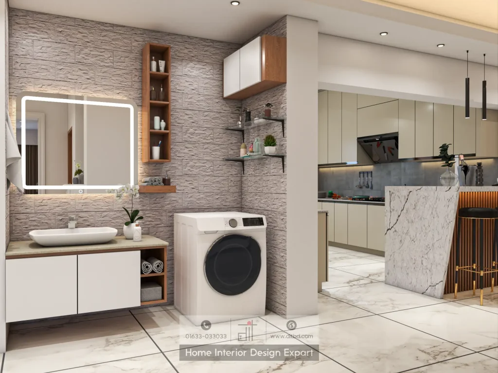Utility area with LED backlit mirror, vessel sink, walnut shelving, and front-loading washing machine adjacent to Uttara kitchen
