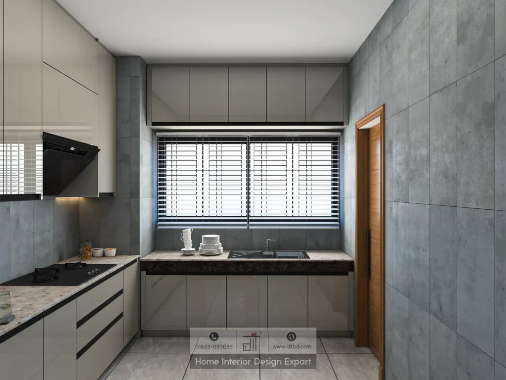 L-shaped modern kitchen with grey cabinets, concrete-effect tiles, dark granite countertop, and sink beneath window in Moghbazar by DIT Studio