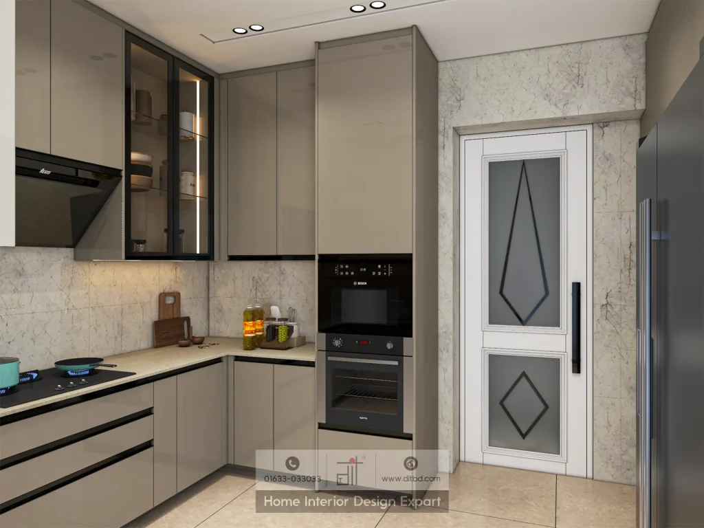 Built-in Bosch oven stack and glass display cabinet in Dhanmondi-5 kitchen designed by DIT Studio