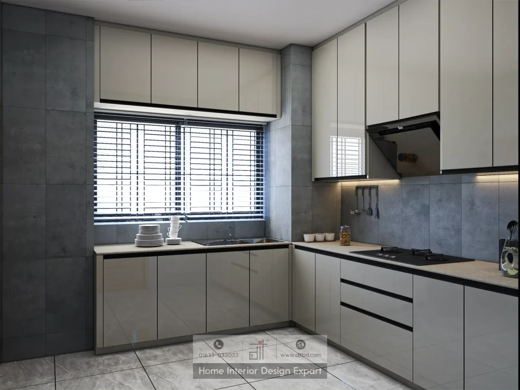 L-shaped modern kitchen with grey cabinets and dark stone countertop designed by DIT Studio in Moghbazar Dhaka