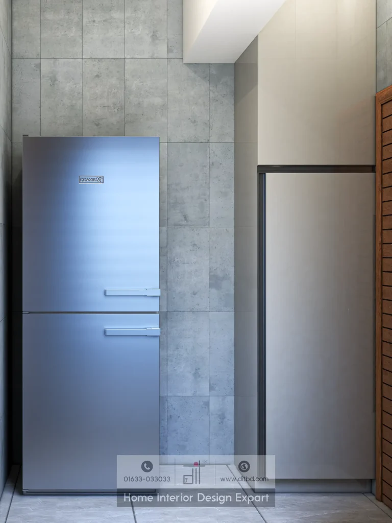 Stainless steel refrigerator nook with concrete tile surround in Tolarbag Mirpur-1 kitchen by DIT Studio