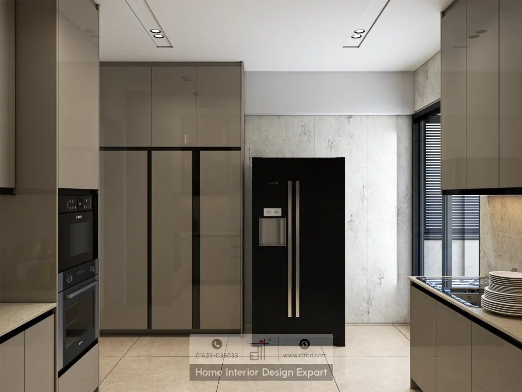 Built-in Bosch ovens and black double-door refrigerator in modern Dhanmondi-5 kitchen by DIT Studio