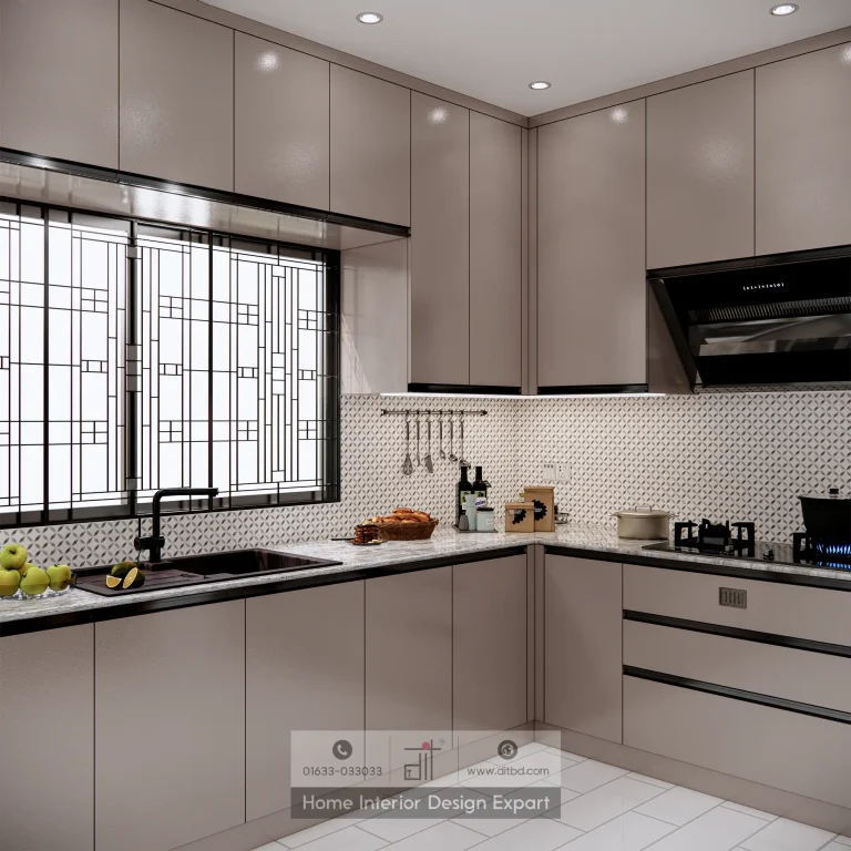 Corner cooking station with range hood and utensil rail in Banshundhara R/A kitchen by DIT Studio