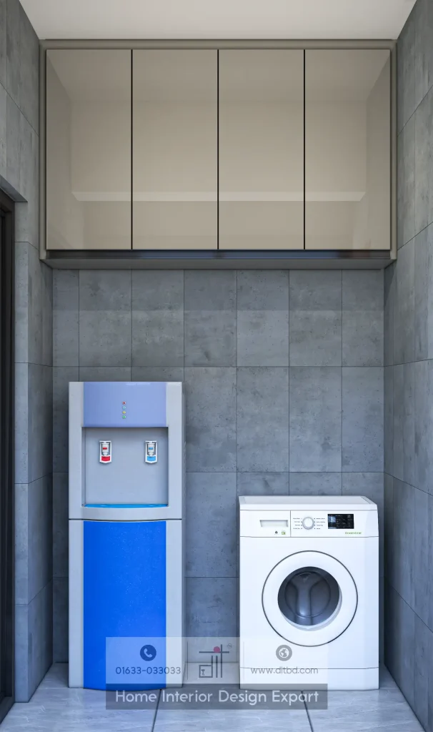 Utility area with water dispenser and washing machine in Tolarbag Mirpur-1 kitchen by DIT Studio