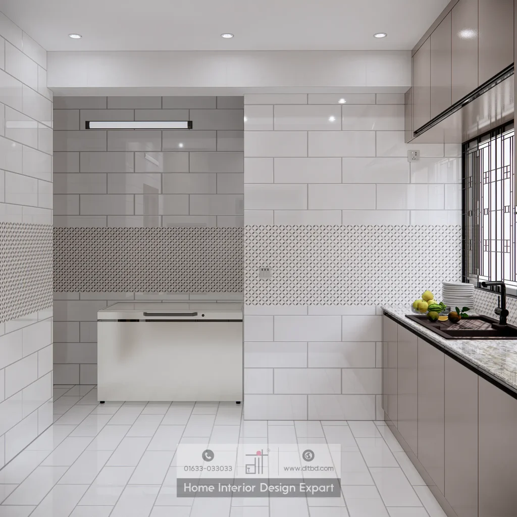 Kitchen counter and tiled partition detail in Banshundhara R/A apartment by DIT Studio
