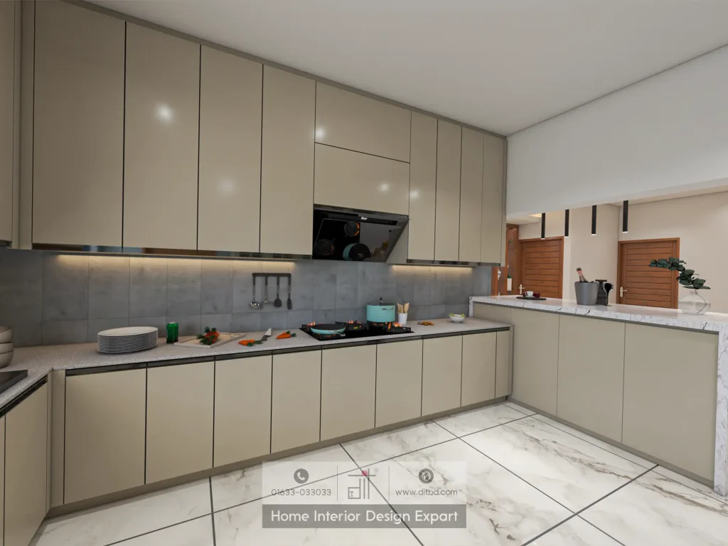 Cooking zone with black range hood, beige ceiling-height cabinets, grey tile backsplash, and marble island pass-through in Uttara kitchen