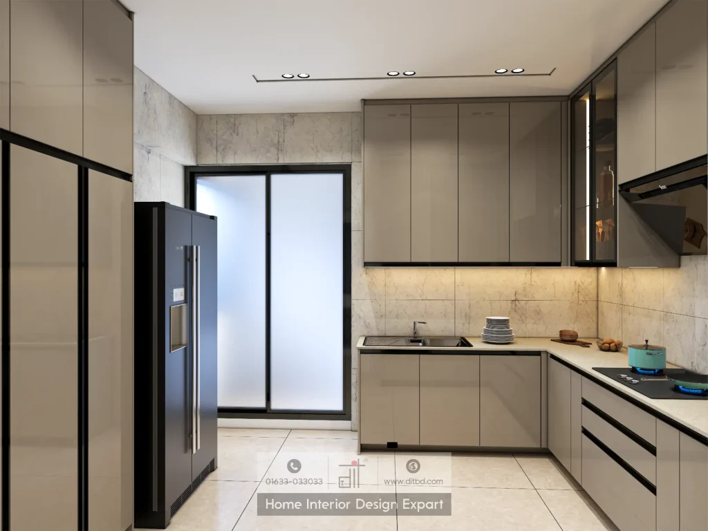 Modern glossy taupe kitchen with marble backsplash and stainless-steel refrigerator in Dhanmondi-5 by DIT Studio