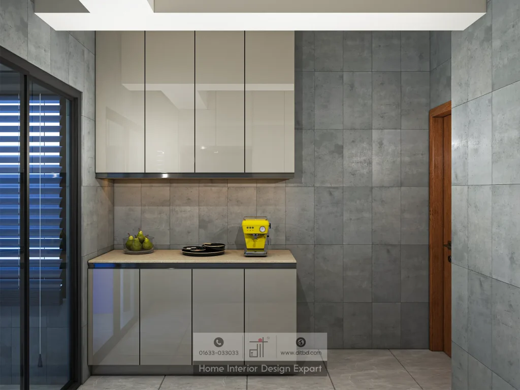Beverage station with espresso machine and grey cabinets in Tolarbag Mirpur-1 kitchen by DIT Studio