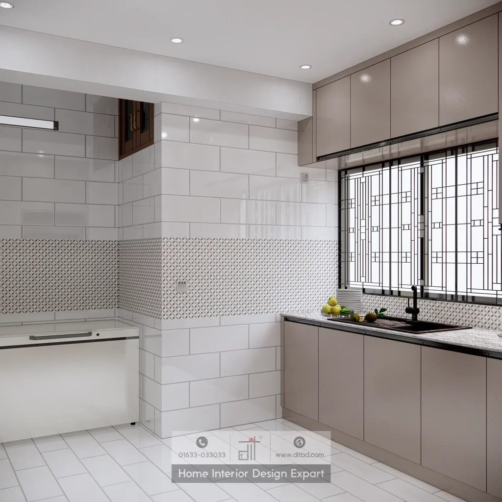 Sink area with daylight through grille window in Banshundhara R/A modern kitchen by DIT Studio