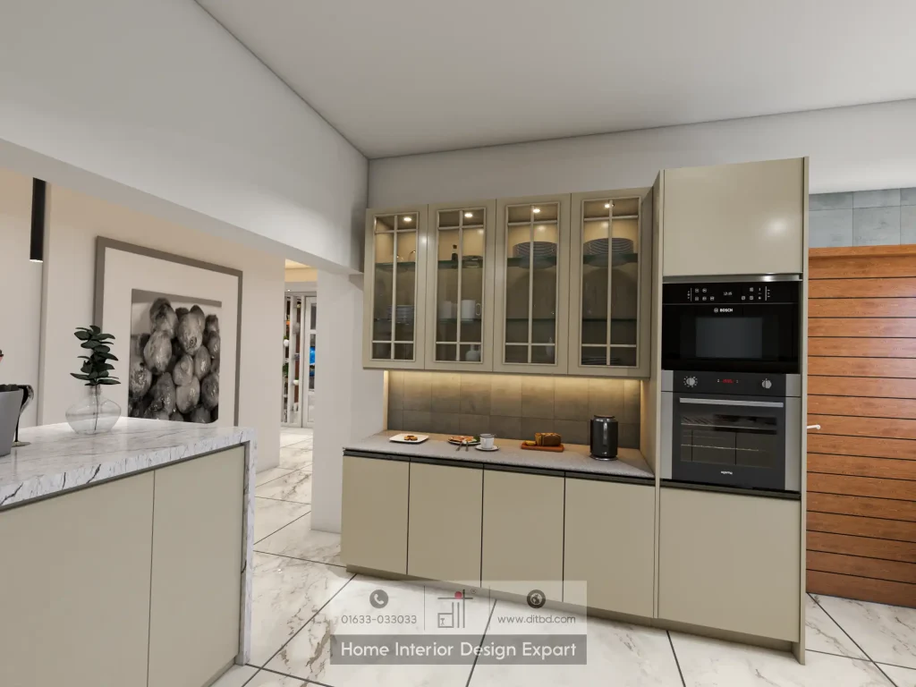 Built-in Bosch oven and microwave with glass-front upper cabinets, beige cabinetry, and framed fruit artwork in Uttara kitchen by DIT Studio
