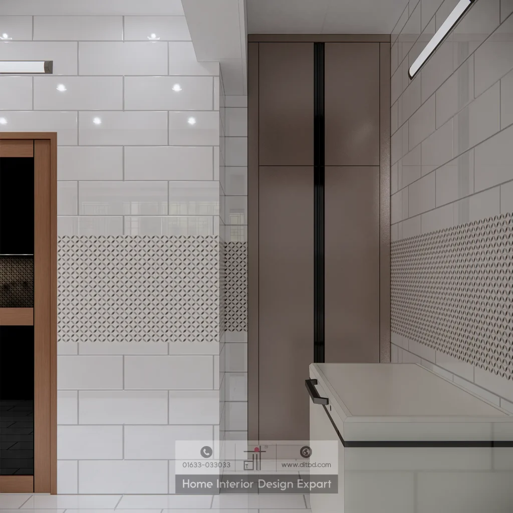 Tall refrigerator housing and geometric accent tiles in Banshundhara R/A kitchen designed by DIT Studio