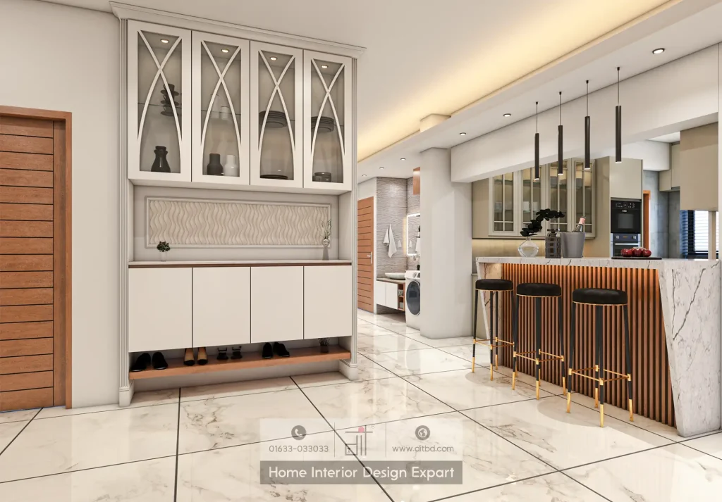 Kitchen entryway with white arched glass display cabinet, marble breakfast bar with walnut slats, and black velvet bar stools in Uttara by DIT Studio