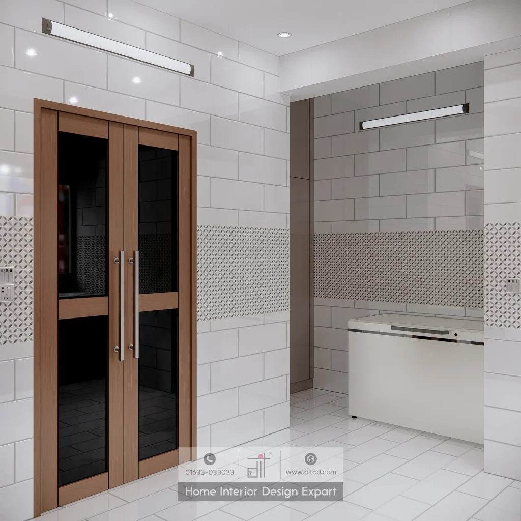 Utility alcove with washing machine and tall pantry cabinet in modern Banshundhara R/A kitchen by DIT Studio