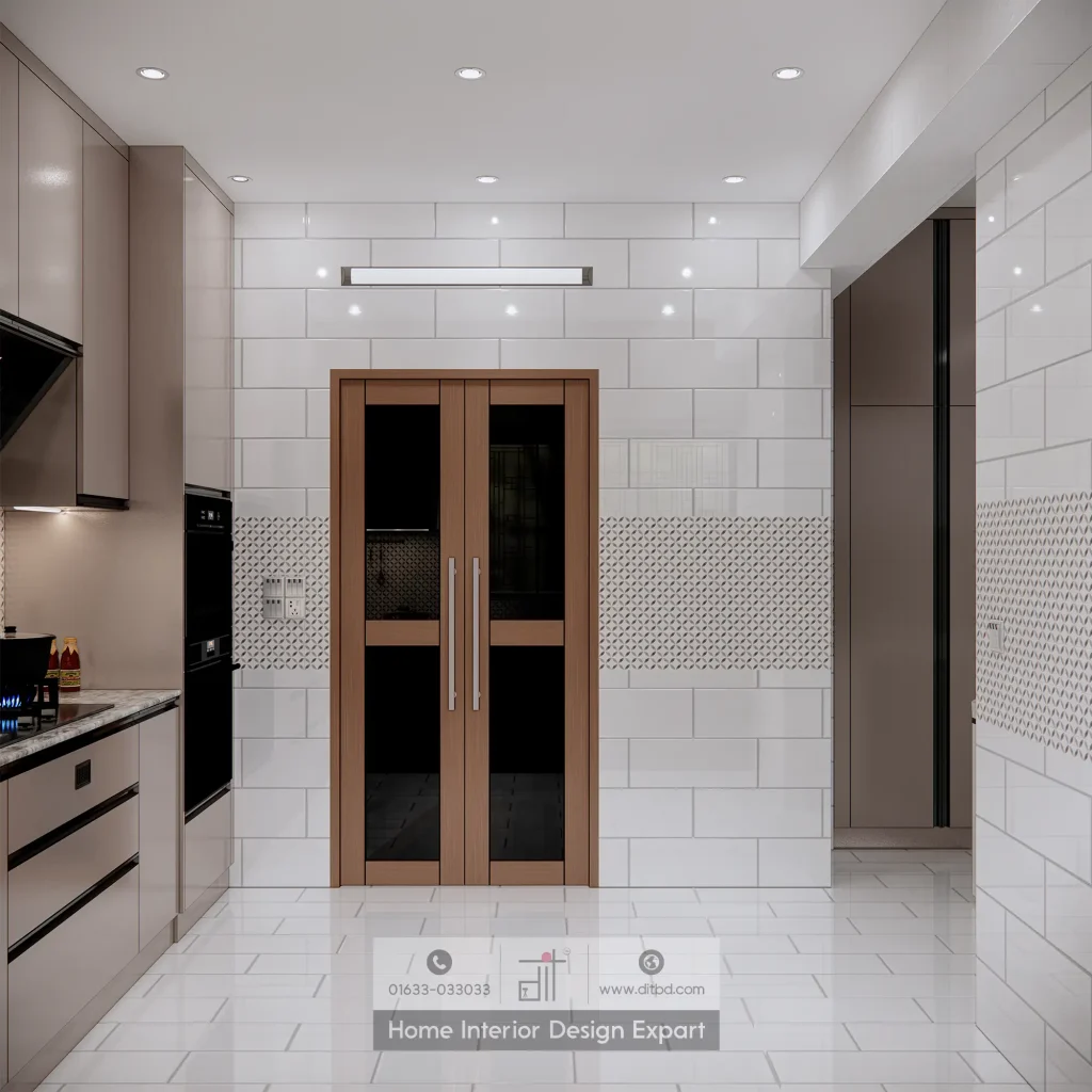 Wooden double door kitchen entrance with white subway tile walls in Banshundhara R/A kitchen by DIT Studio