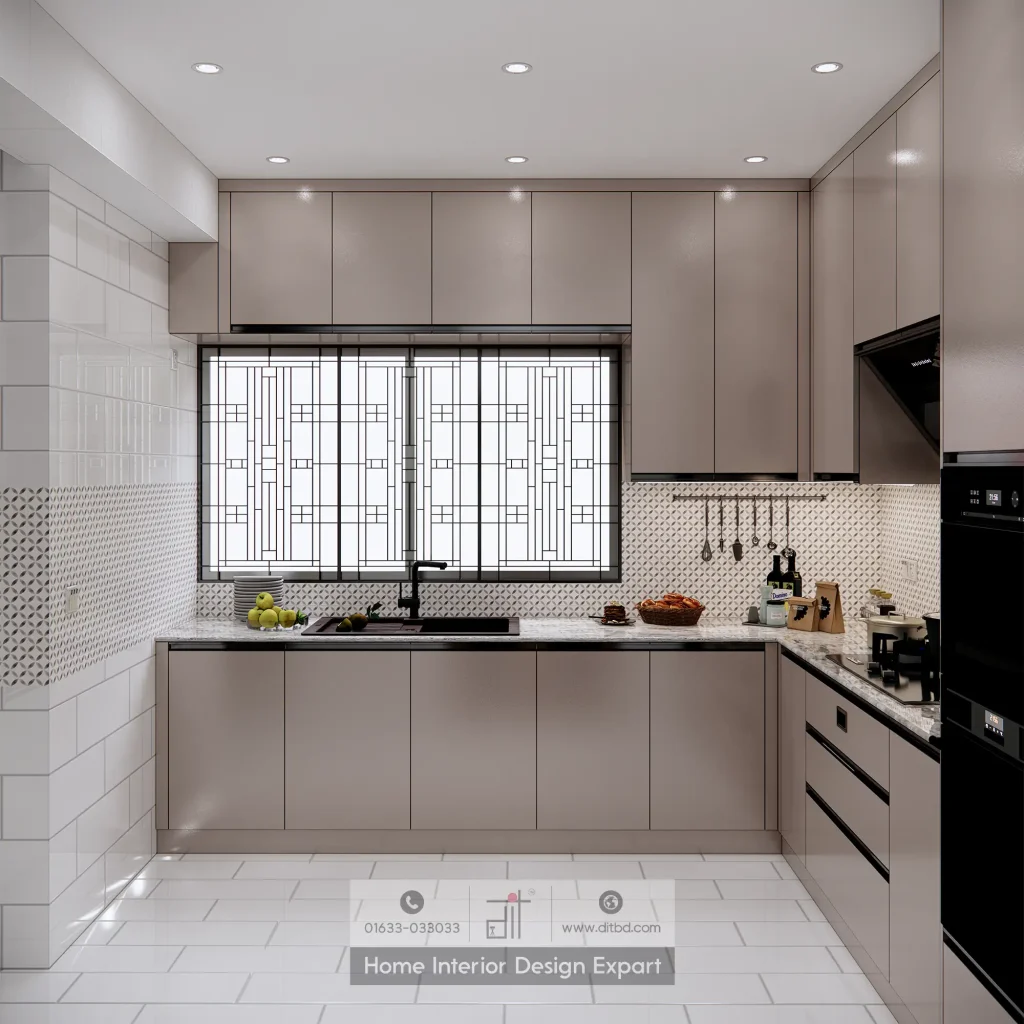 U-shaped kitchen overview with continuous beige-taupe cabinetry in Banshundhara R/A, Dhaka by DIT Studio