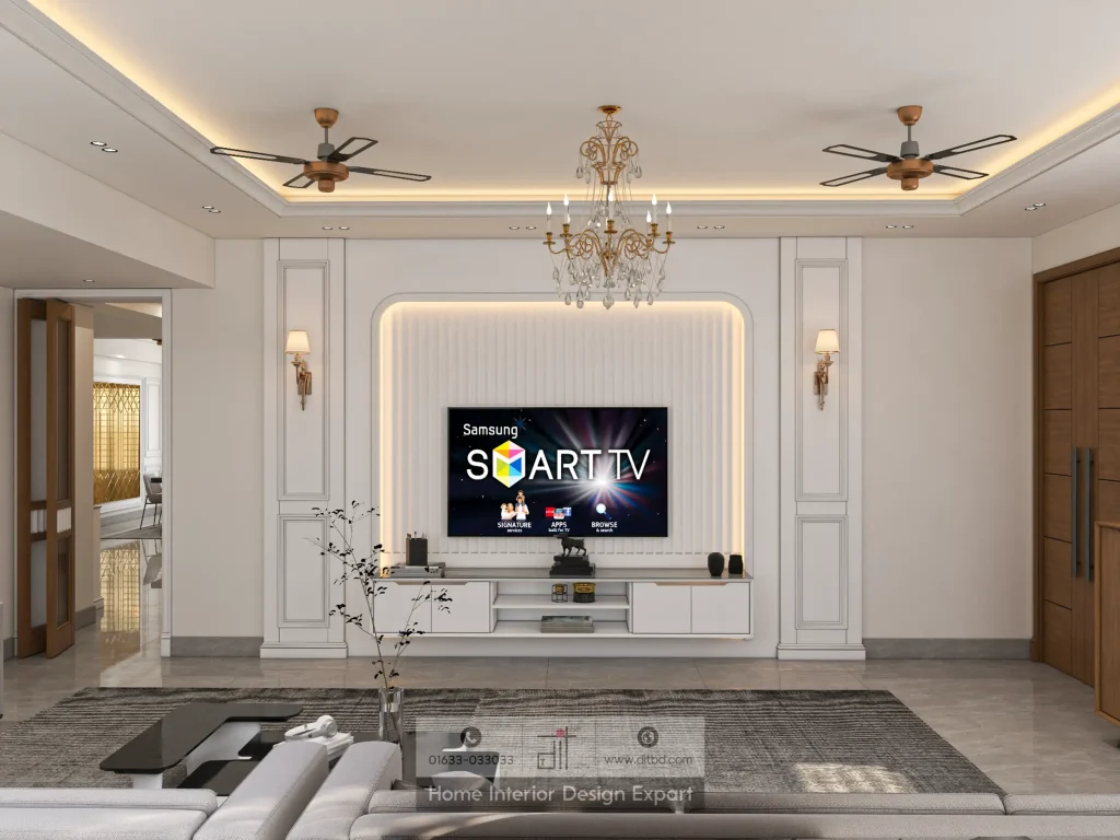 TV wall with fluted panel, brass sconces, and gold chandelier in Bashundhara R/A living room by DIT Studio