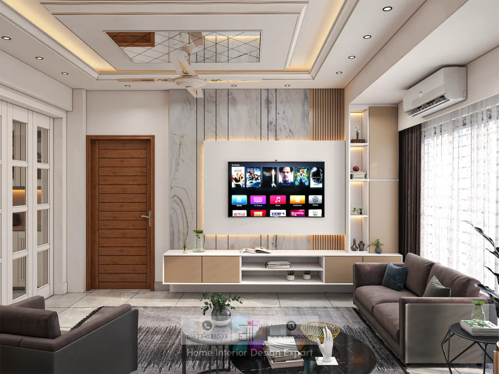Full living room view showing layered false ceiling, open shelving and L-shaped sofa arrangement by DIT Studio in Mirpur, Dhaka