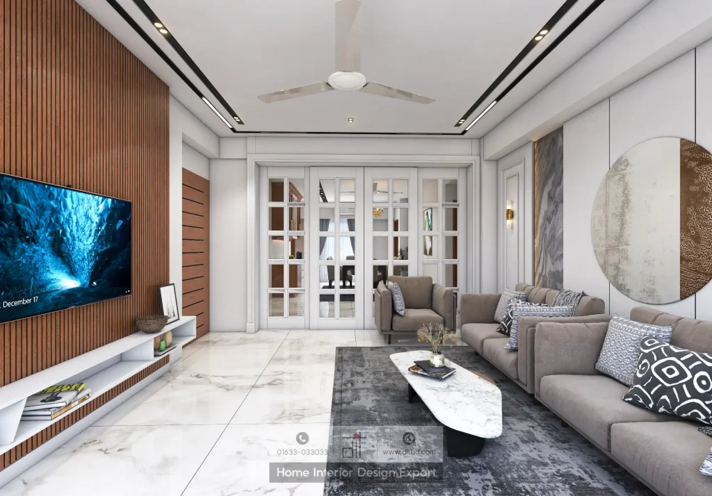Modern living room with wood-slat TV wall and grey sofa set designed by DIT Studio in Uttara Sector 6 Dhaka
