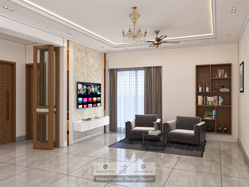 Modern living room with floral TV wall, grey armchairs, and walnut bookshelf in Basila apartment by DIT Studio