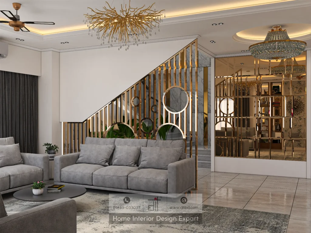 Staircase foyer with gold vertical slat railing, circular mirrors, and gold mirror wall in Keraniganj by DIT Studio