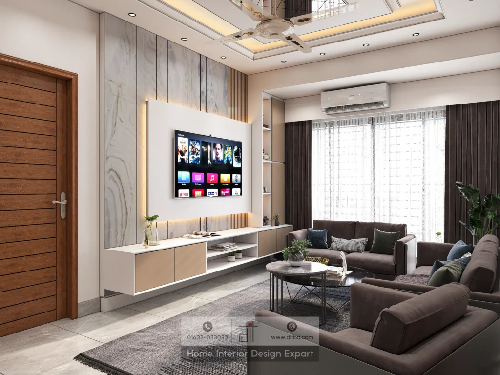 TV wall unit with marble-look back panel, floating media console and LED accent lighting in Mirpur apartment by DIT Studio