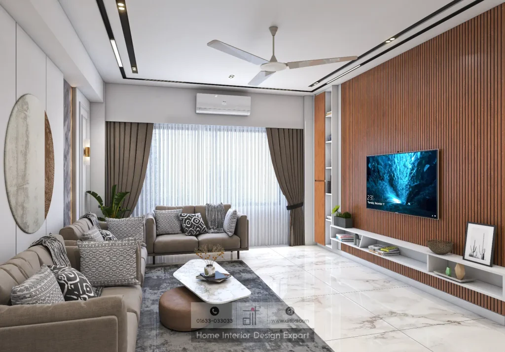 Natural light filled living room with layered curtains and walnut accent wall by DIT Studio in Uttara