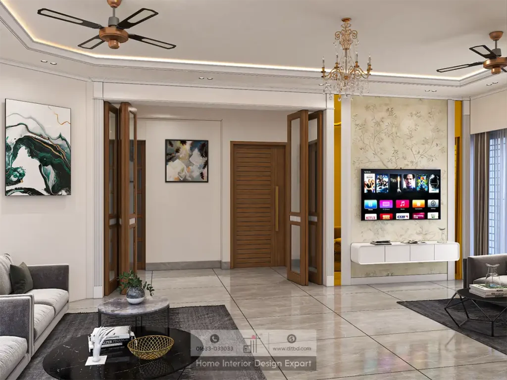 Living room sofa side with walnut glass partition and crystal chandelier in Basila by DIT Studio
