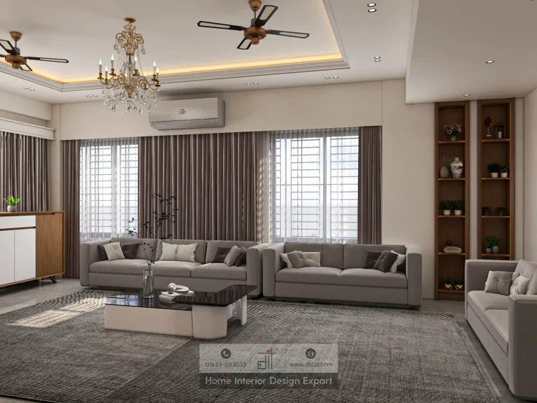 Spacious grey sofa arrangement with striped curtains and walnut display shelf in DIT Studio Bashundhara R/A project