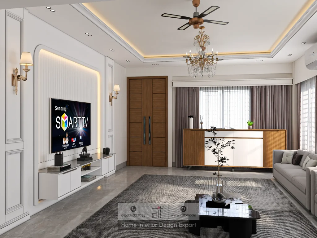 Modern living room TV feature wall with crystal chandelier and grey sofa in Bashundhara R/A designed by DIT Studio
