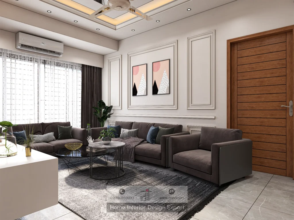 Wide-angle view of contemporary living room seating area with abstract wall art and wainscoting panels designed by DIT Studio Mirpur