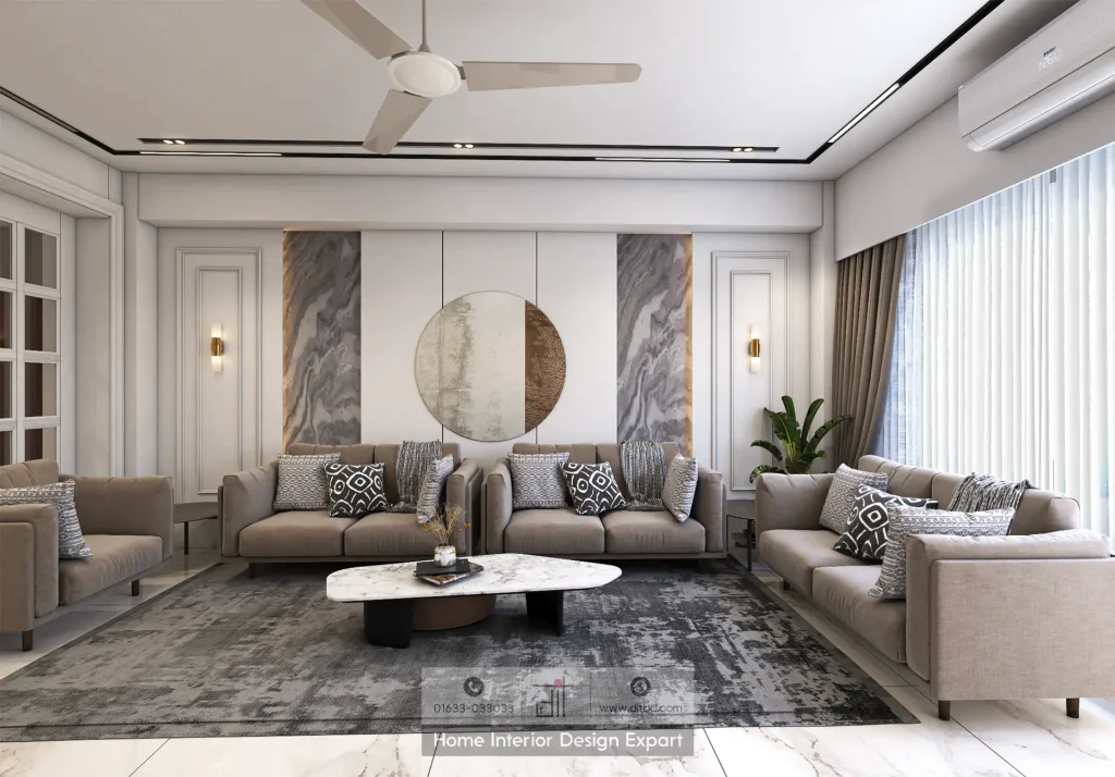 Elegant dual sofa arrangement with marble-inspired wall art panels in Uttara Sector 6 apartment by DIT Studio