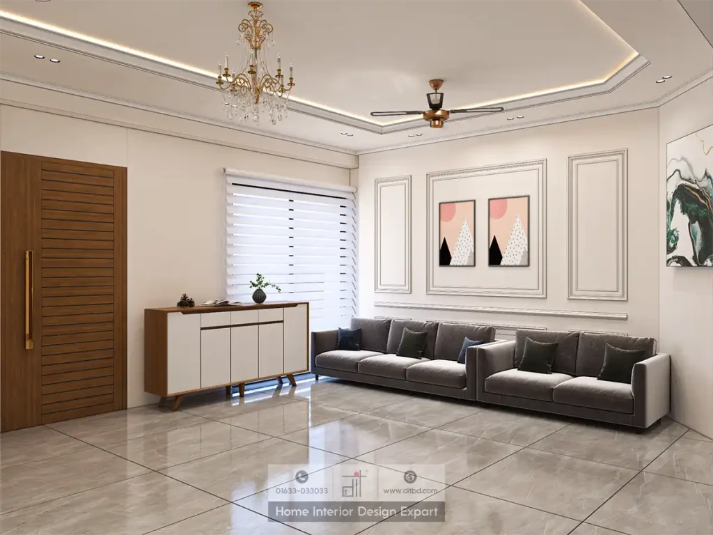 Grey sofa with neo-classical wall mouldings and minimalist art in Basila living room by DIT Studio