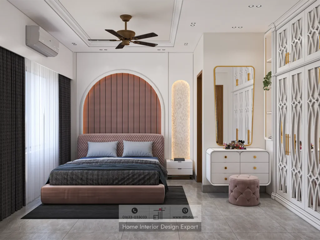 Contemporary bedroom with arched pink channel-tufted headboard and geometric wardrobe in Bashundhara R/A by DIT Studio