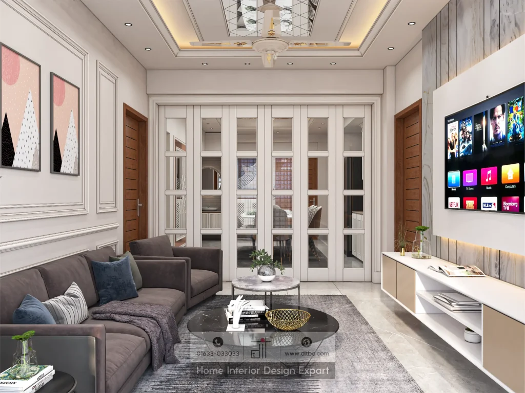 Contemporary drawing room interior with L-shaped sofa arrangement and recessed ceiling lighting in a Bashundhara flat