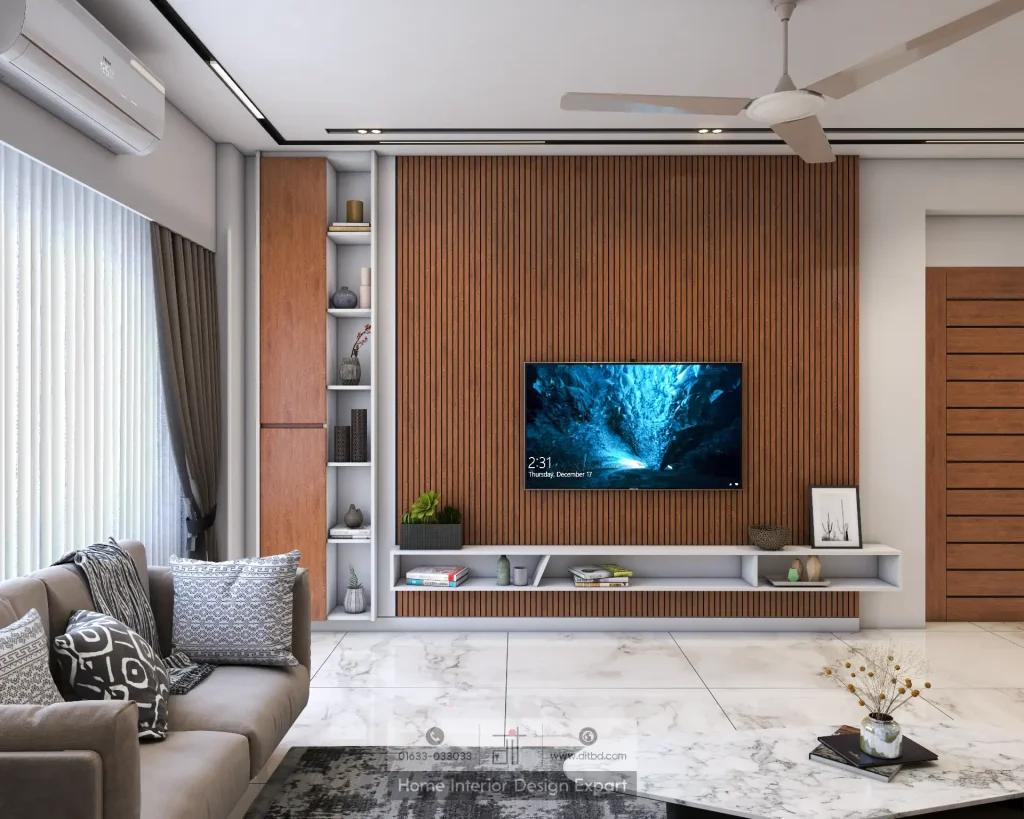 Close-up of wall-mounted TV unit with built-in shelving and wood panelling by DIT Studio in Uttara Dhaka