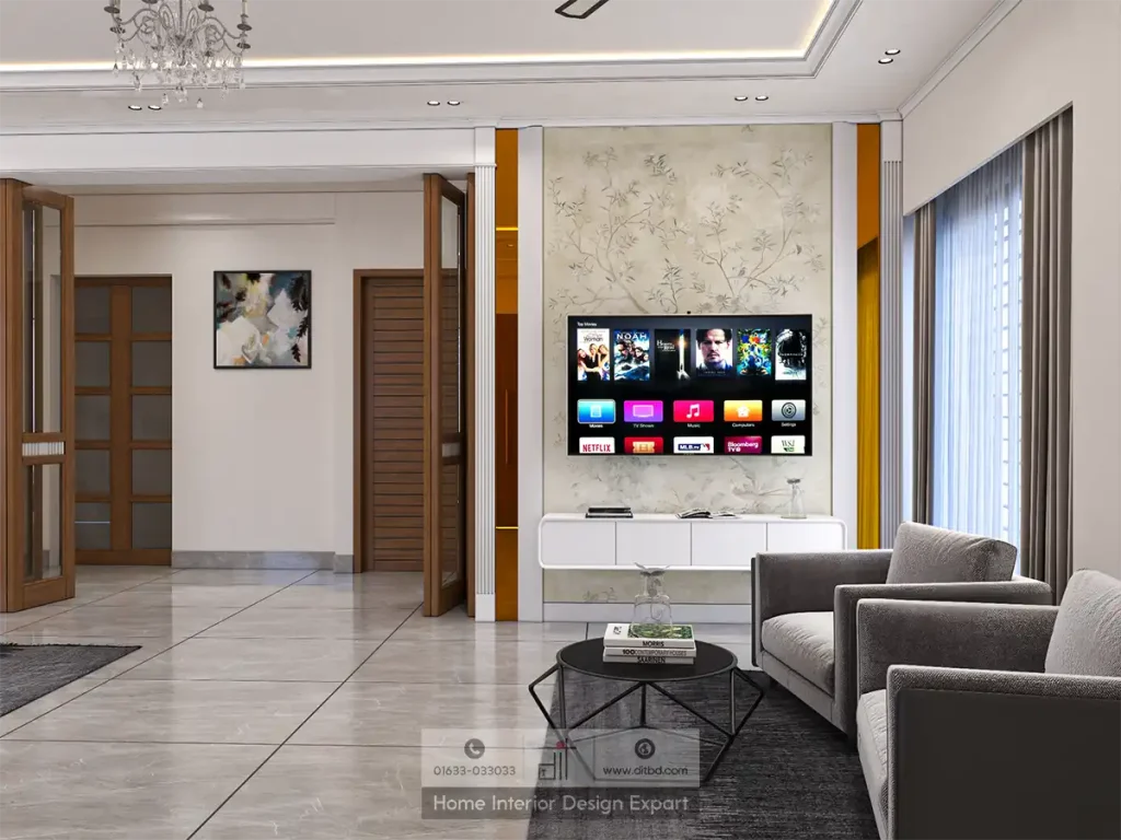 TV wall close-up with smart TV, floral wallpaper, and grey armchairs in Basila living room by DIT Studio