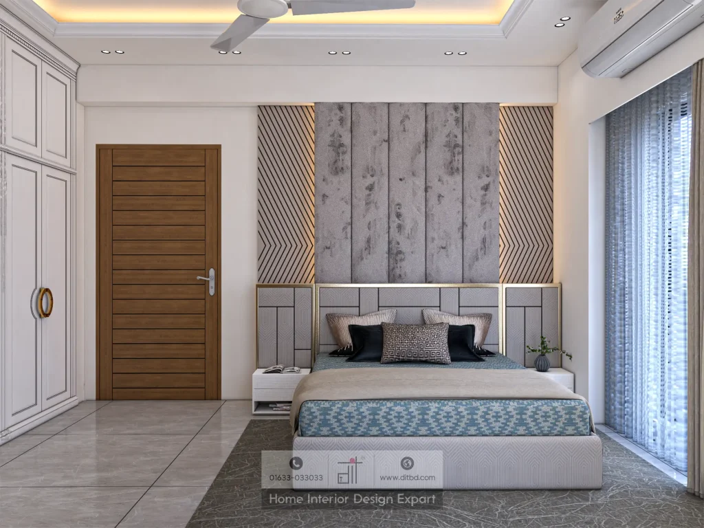 Wider view of master bedroom with platform bed and feature wall in Wari apartment by DIT Studio